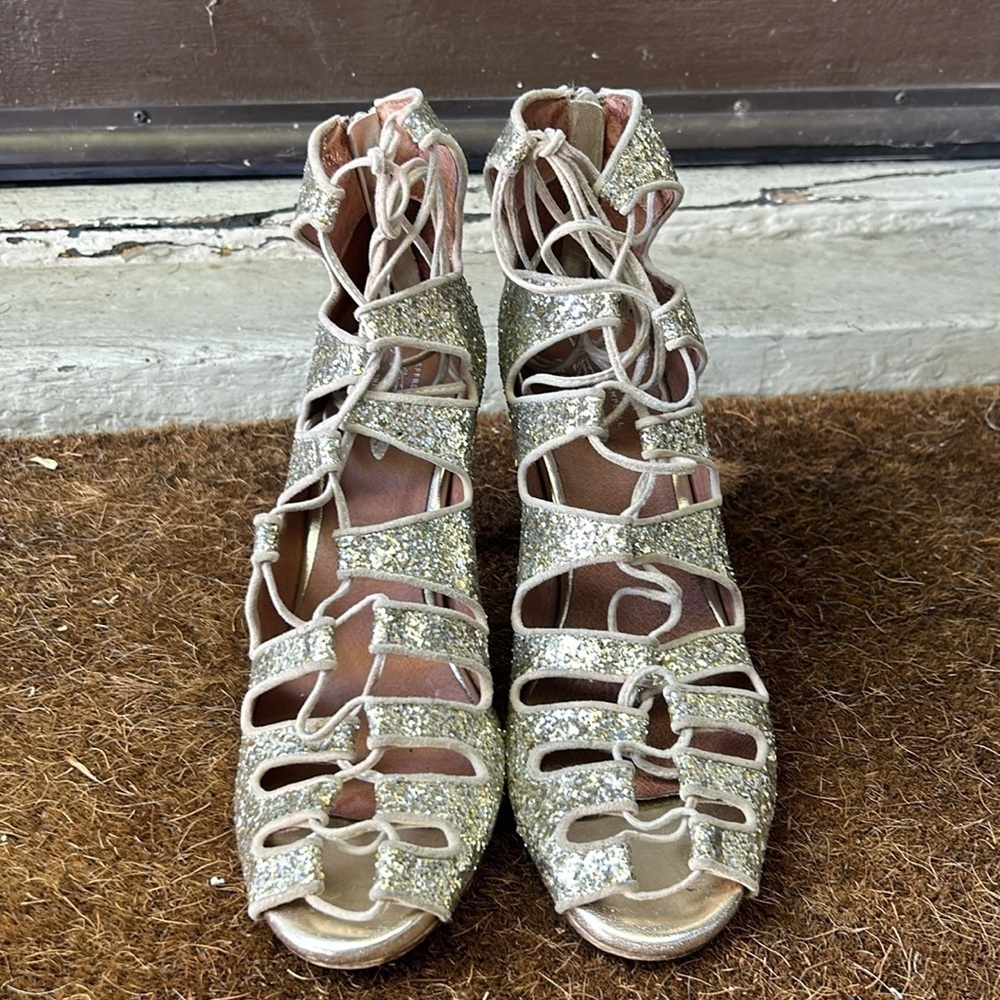 Jeffery Campbell for Free People Gold Sequin Lace Up Heels Gold Glitter Sz 9.5 - Picture 6 of 15